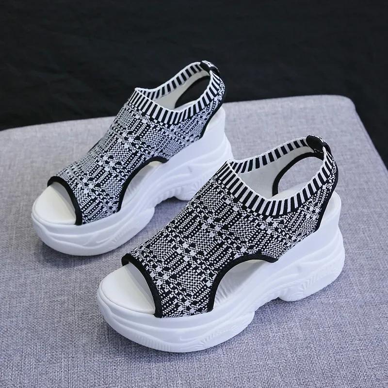 Sandals Women Summer Fish Mouth Shoes Knitting Mesh Breathable Wedge Platform Sport Sandals Shoes Casual