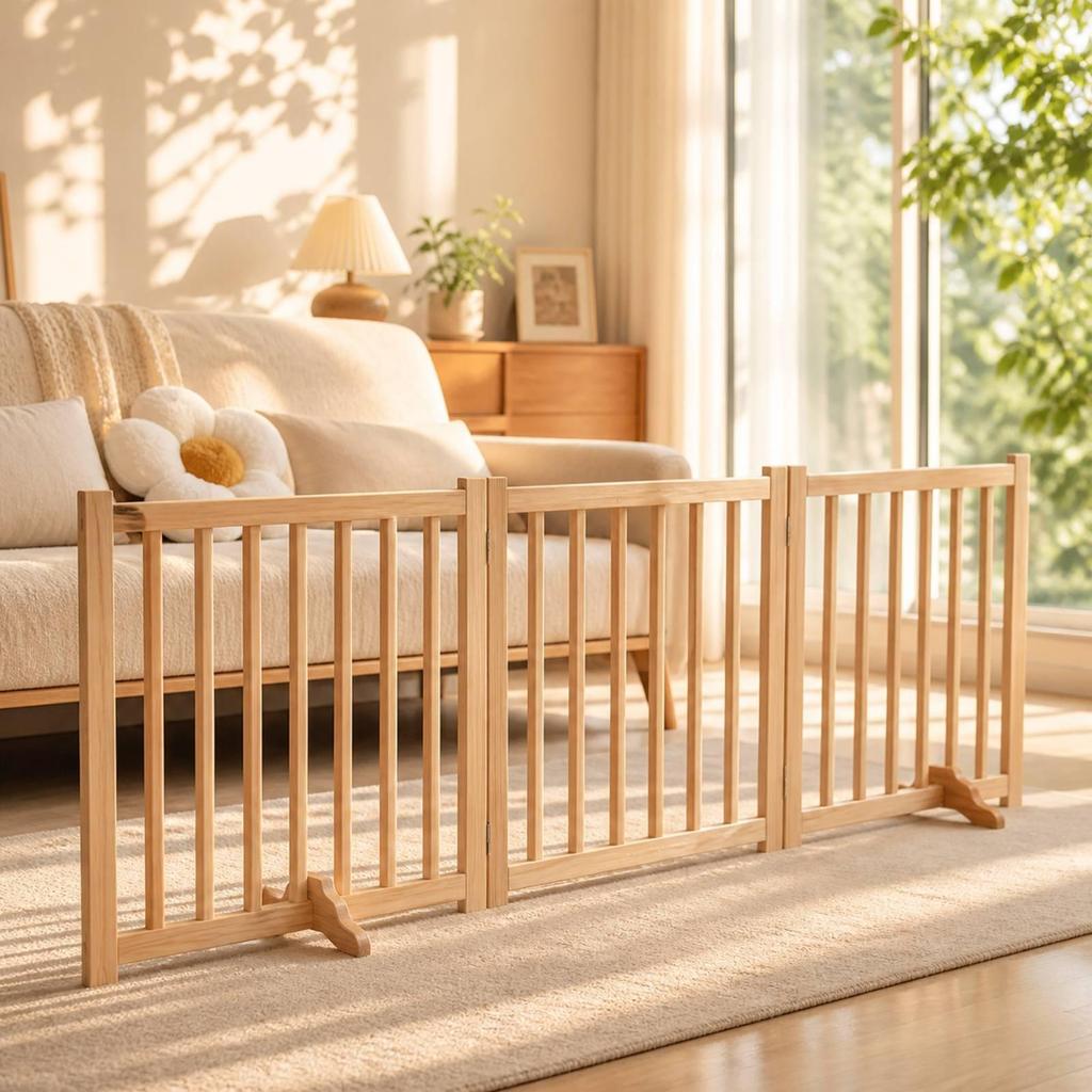 Wooden Pet Gate with Hinged Joints Natural-Finish for Apartments, Homes