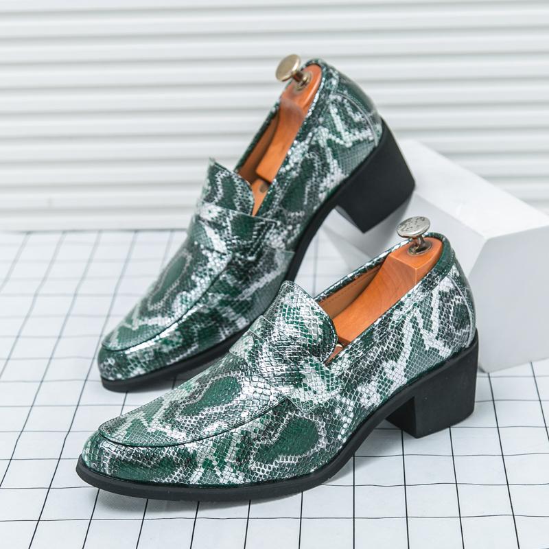 Fashion British Style Green Snake Skin Pattern Leather Loafers For Men Retro Mens Dress Shoes Party Formal Shoes 6cm High Heels