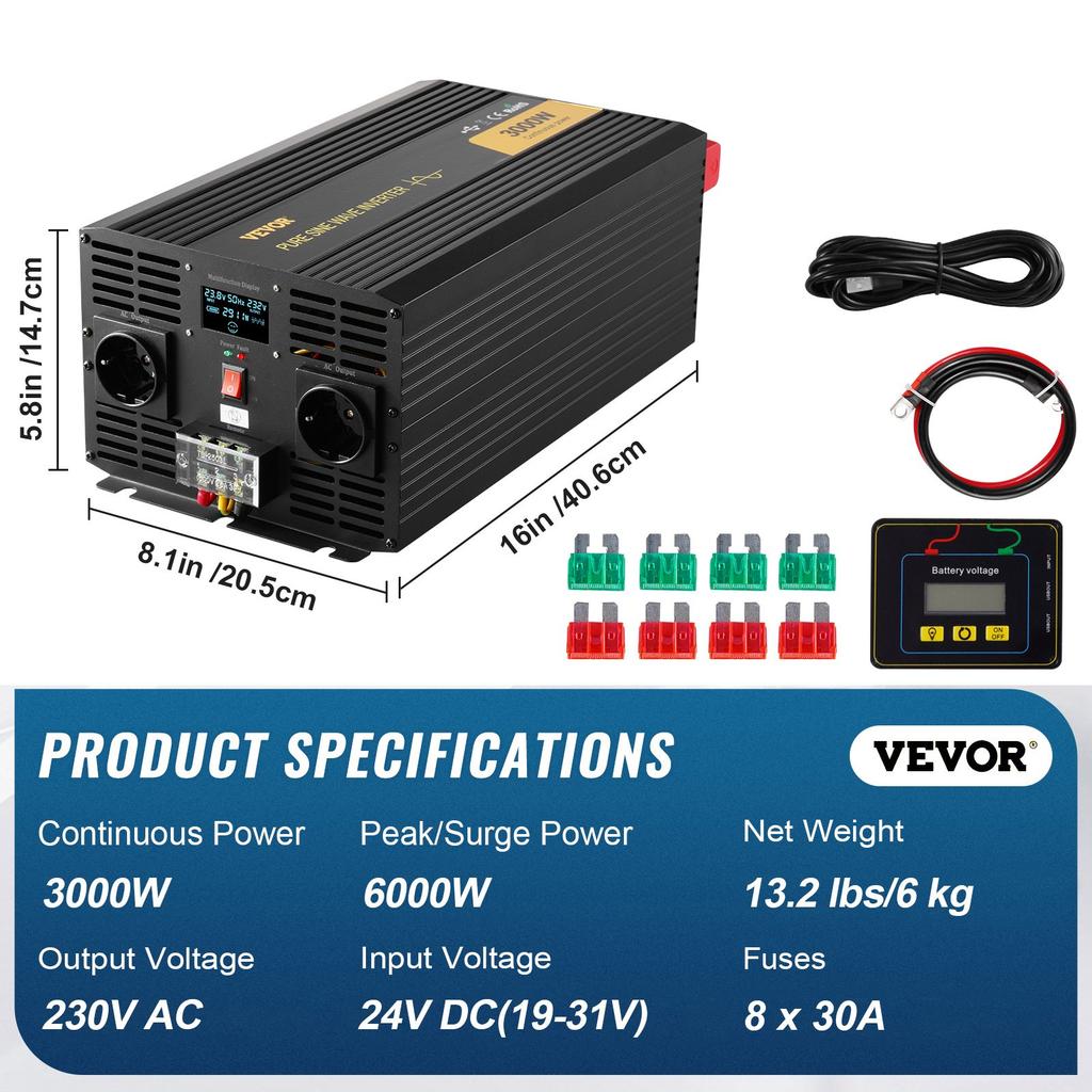 VEVOR Pure Sine Wave Inverter, 3000 Watt, DC 24V To AC 230V Power Inverter Car Inverter, with USB Port LCD Display Remote Controller and EU Outlets