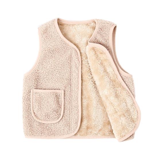 Barn Fleece Vest Ermløs Jakke Ensfarget V-hals Glidelåsvest med Lommer Varm Vinter Plysjvest for Gutter Jenter