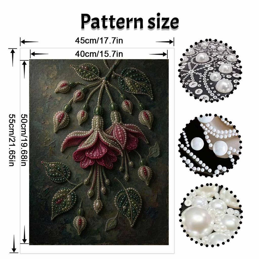 Fuchsia Flower and Leaves Pattern 5D Pearl Painting Kit with Frame DIY Sparkling Bead Canvas Art Relaxing Craft for Home Decor