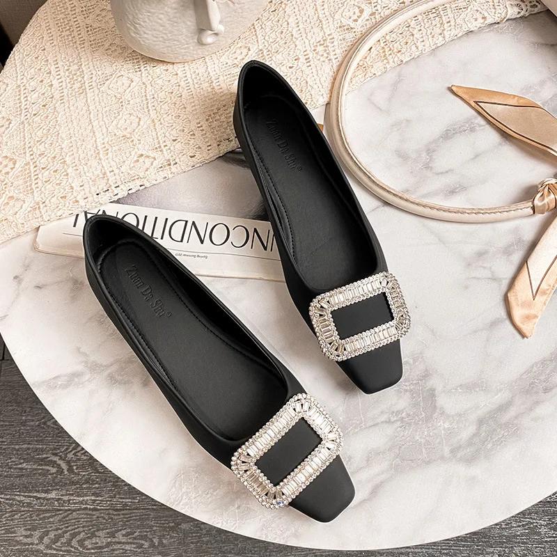 Fashion Women's High Heels Rhinestone Square Buckle 2024 New Flat Sole Single Shoe Large Size Women's Shoes 41-43