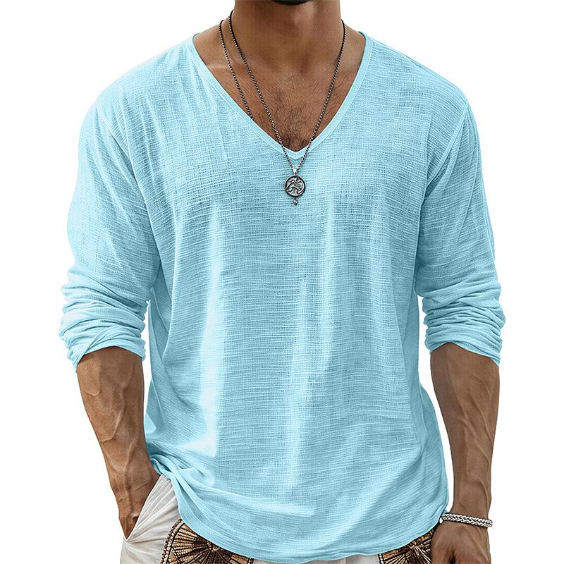 T-shirt da uomo a tinta unita con scollo a V e maniche lunghe