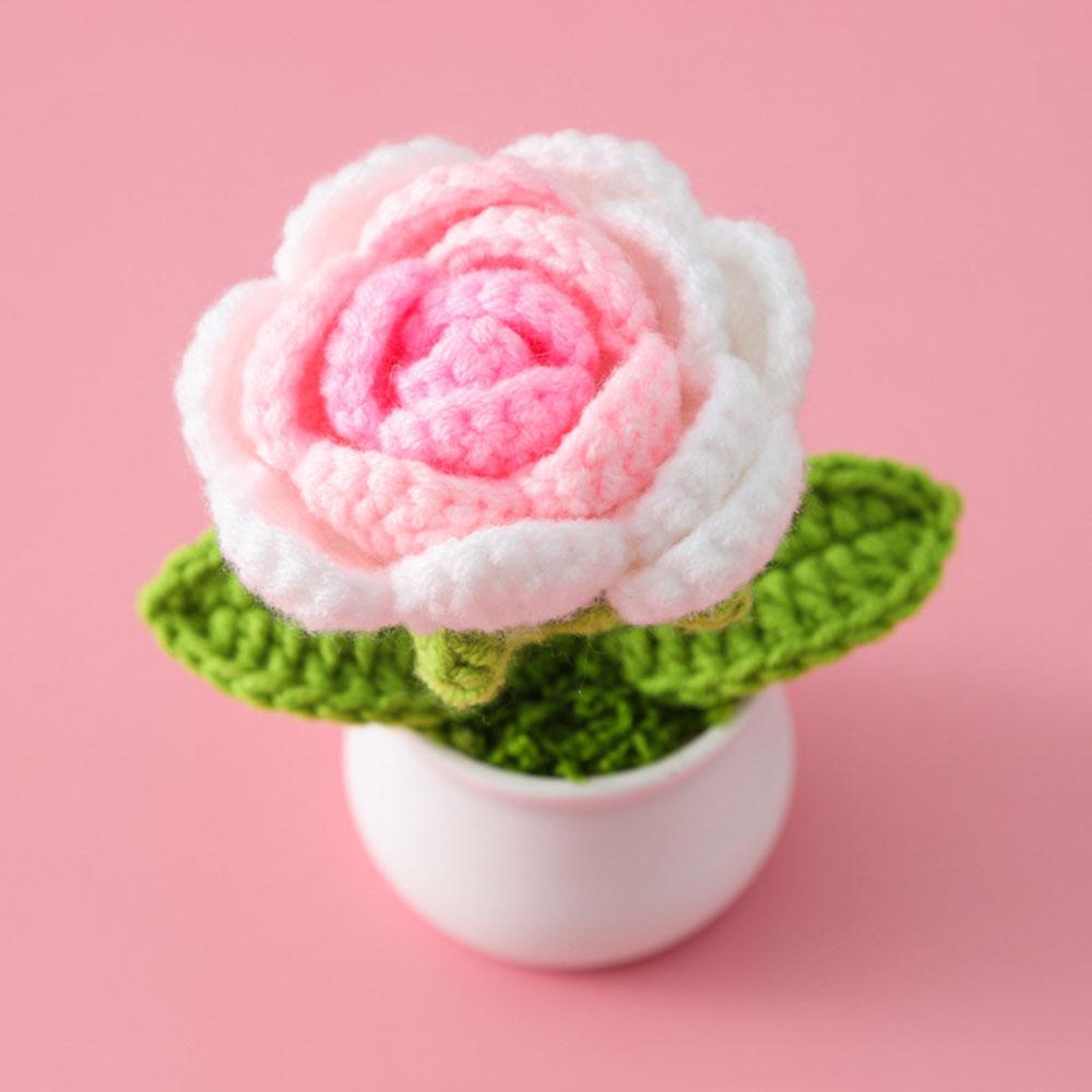 DIY Handwoven Mini Potted Flower Rose Tulip Daisy Office Desktop Ornamental Plant Woolen Thread Finished Product Home Decoration