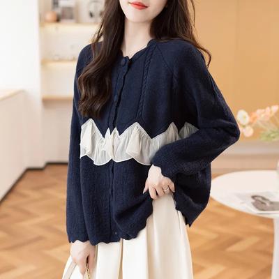 Lace Spliced Sweater Jacket for Women Round Neck Loose Outerwear Cardigan Long Sleeve Top