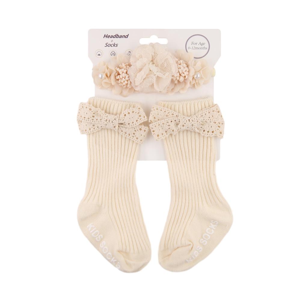 

3Pcs/Set Ins Cream Latte Flower Headbands with Ribbed Socks for Baby Girls Boutique Flower Anti-Slip Short Cotton 0-12M Sock 0-3M