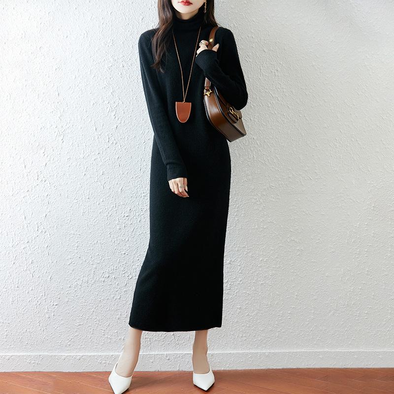 Women Sweater Dress 100% Wool TIDENOVEL Turtleneck Knit Long Pullover Winter Jumpers Wool Long Dress Female