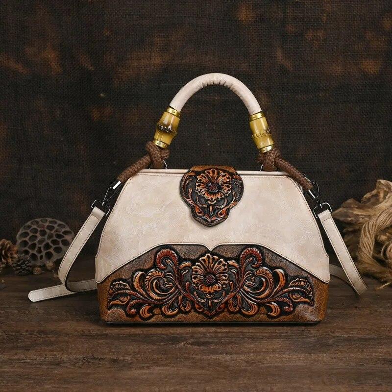 

Ladies Luxury Handbag 2026 New Vintage Handmade Leather Carved Women Tote Bag Versatile Female Shopping Shoulder Crossbody Bags бежевый