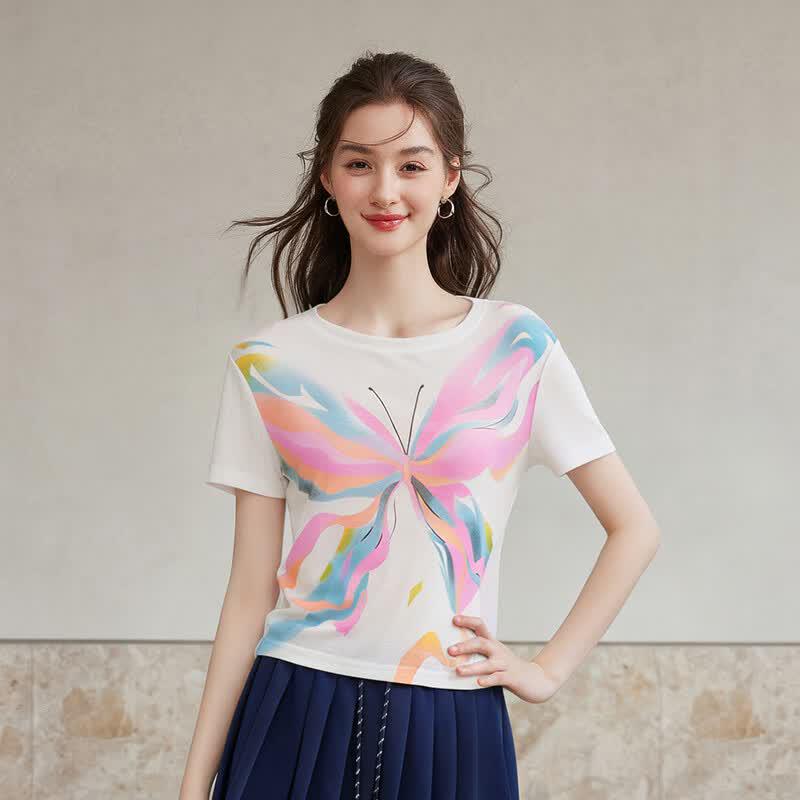Butterfly Pattern Knitted Round Neck T-Shirt XL