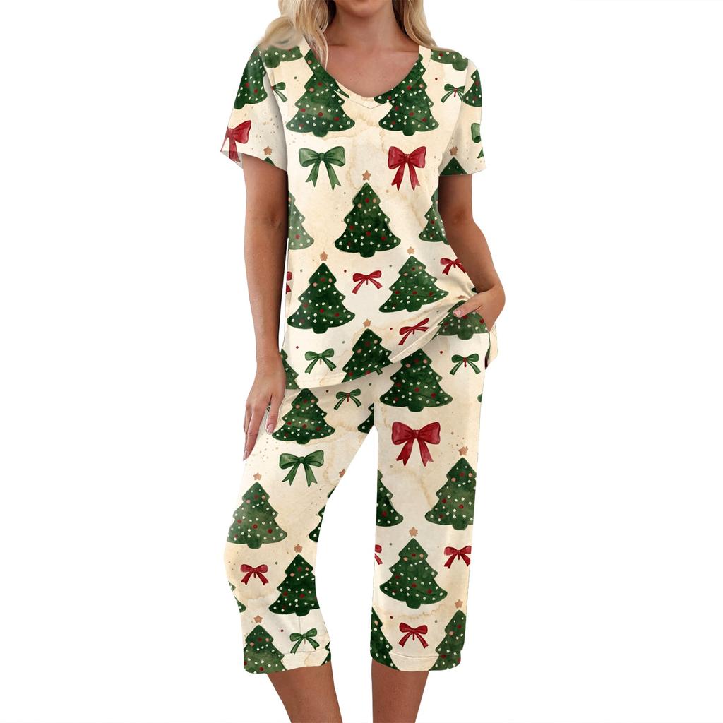 Women's Casual Christmas Print Two-Piece Outfit with Short Sleeve Top and Pants