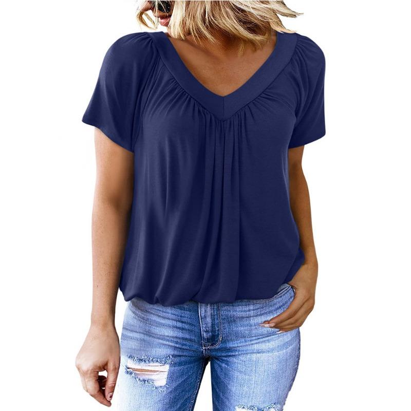 Women's Casual V-neck Short Sleeve Blouse Pleated Loose Fit Solid Color Chiffon Top