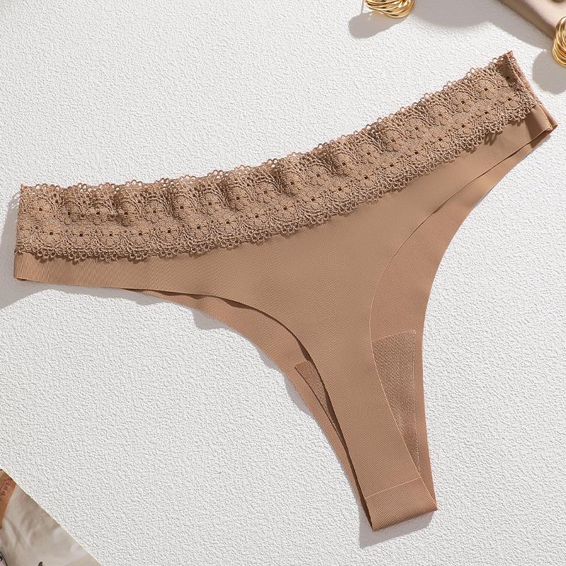 Women's Sexy Traceless T-Back Thongs Panties Seamless Solid Color Lace Trim Cozy Underwear Female Low Waist G-String Lingerie