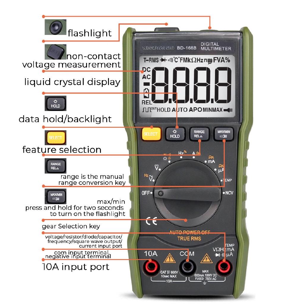 168B Digital Portable Auto Range Multimeter 6000 counts LCD Display Backlight Ammeter Voltmeter AC/DC Voltage Measuring Army green New