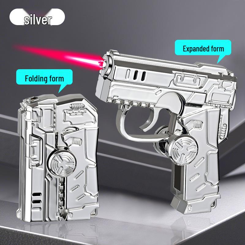 Qunhao Deformable Folding Windproof Lighter - Red Flame, Cool Colorful Lights, Pistol Gyro Design