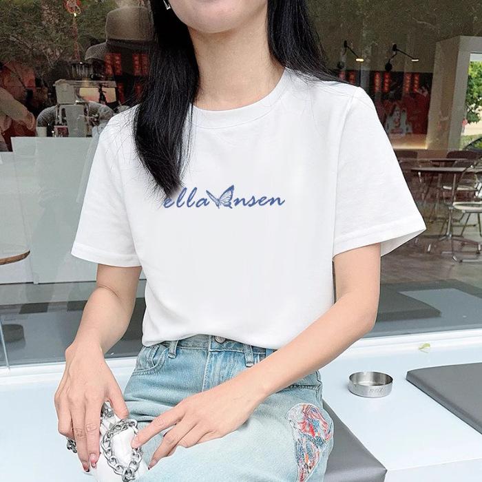 

Short-sleeved t-shirt women s summer 2025 new contrasting color women s clothing round neck printed age-reducing loose and versatile top 3XL