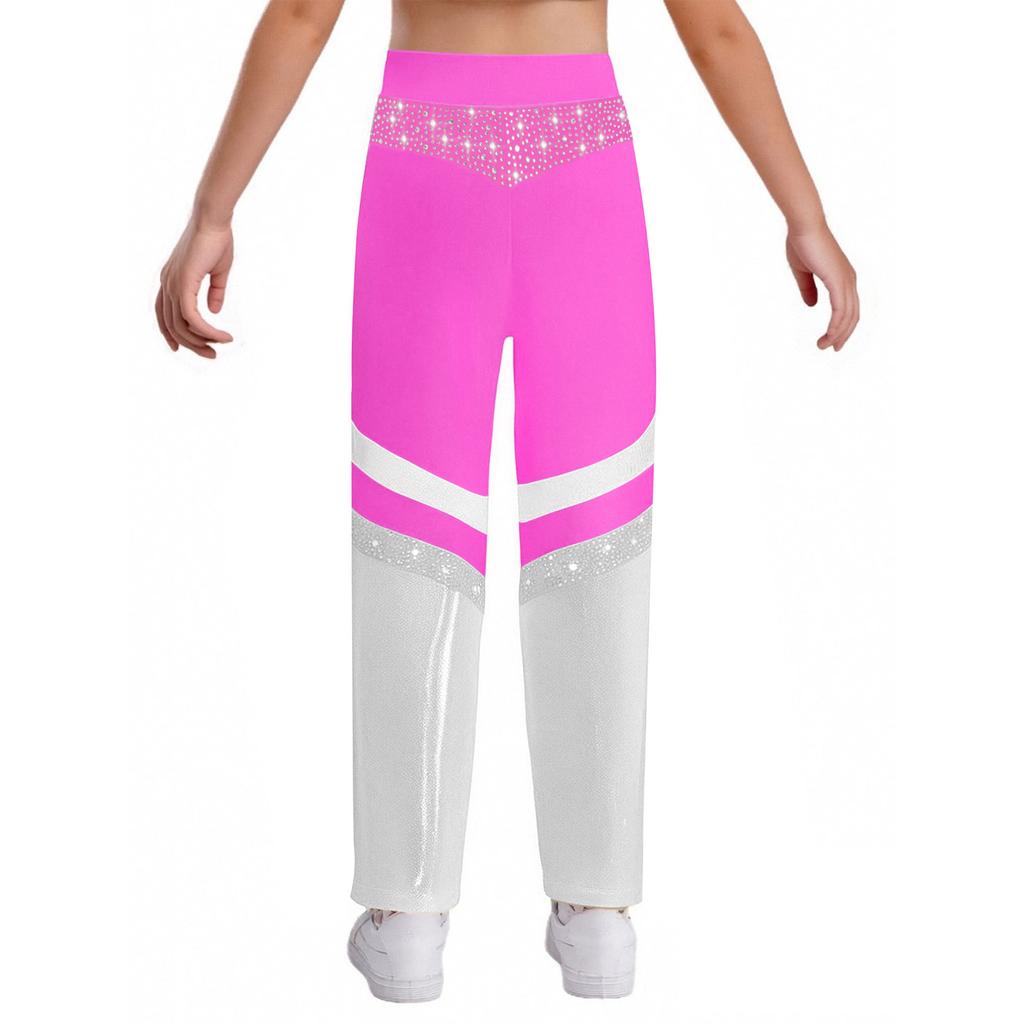 Dívčí gymnastický akrobatický taneční kostým Lesklé kamínky Zvonové kalhoty Elastický pas Barevný blok Kalhoty se zvonovými nohavicemi