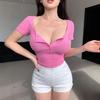 Summer Short-sleeved Hot Girl Slimming Solid Color Women's Tops with Square Collar Buttons Sexy Versatile T-shirt