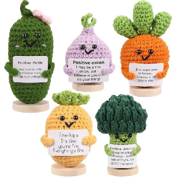 5PCS Emotional Support Crochet Doll with Base, Positive Crochet Vegetables Fruits with Positive Card Handmade Knitted Dolls Plush Cheer Up for