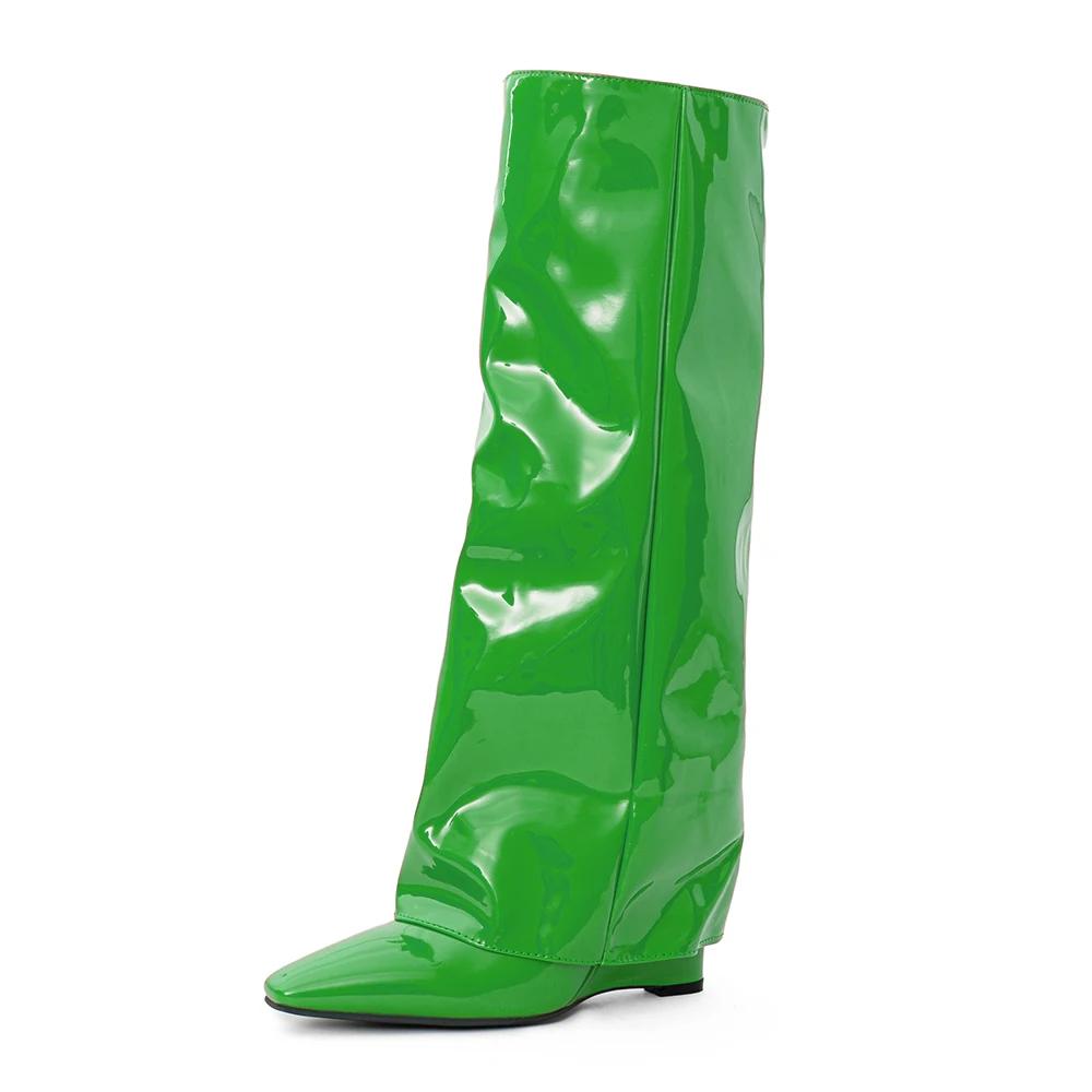 

Туфли на высоком каблуке с острым носком Женские ботфорты до колена Дизайнерский бренд Мягкая лакированная кожа Боковая молния Танкетка Зимняя мода 39