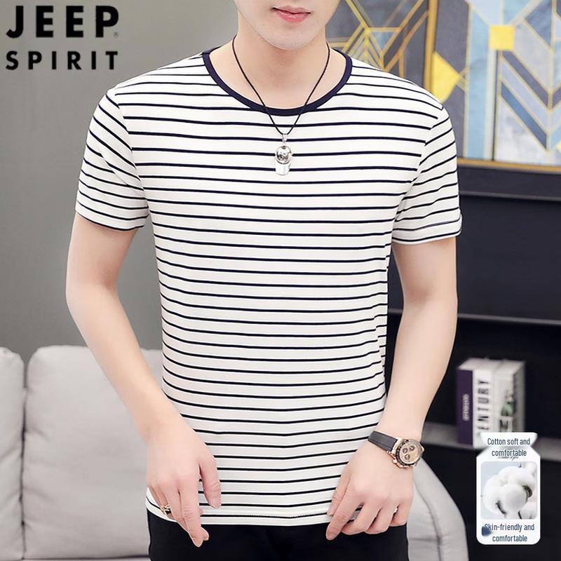 JEEP SPIRIT Men s Striped Round Neck T-Shirt L