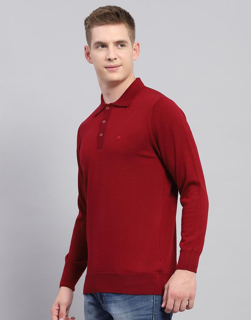 MONTE CARLO Mens Solid Maroon Collar Neck Full Sleeve T-Shirt