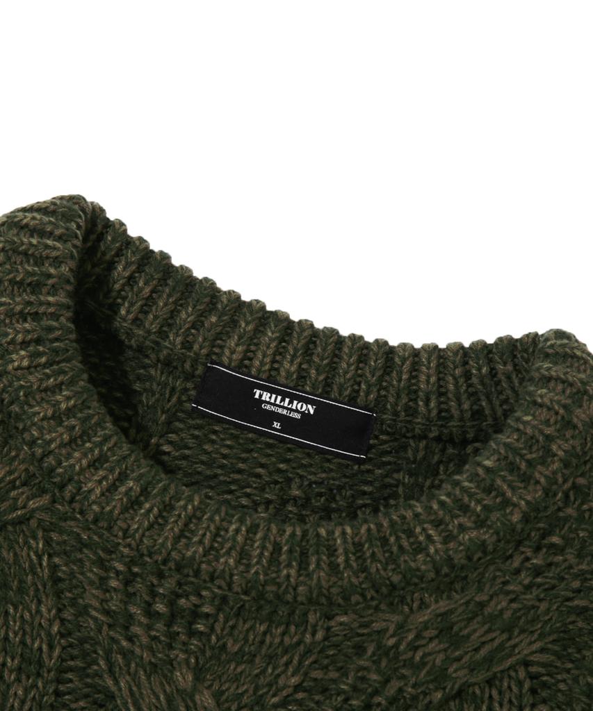 TRILLION Washable Big Cable Oversized Crew Neck Knit [Khaki]