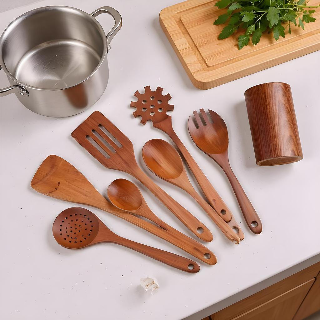 8pcs Wood Cooking Utensil Set Heat Resistant Cooking Tool Including Cooking Shovel, Cooking Spoon, Spoon Stand And Spoon Stand