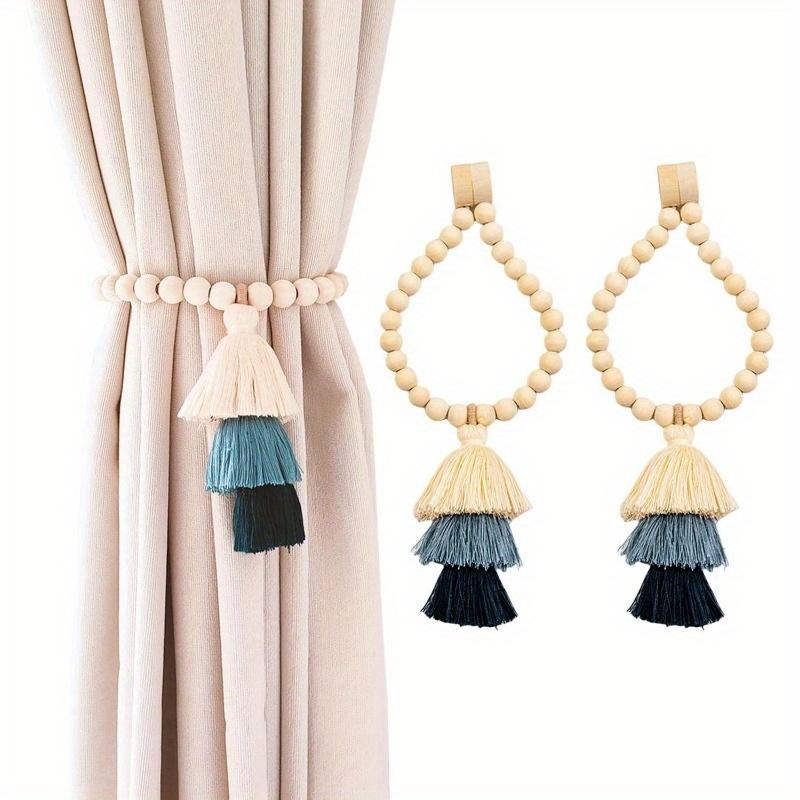 2pcs Bohemian Farmhouse Curtain Ties - Handmade Wooden Bead Curtain Ties for Bedroom and Living Room Home Decor