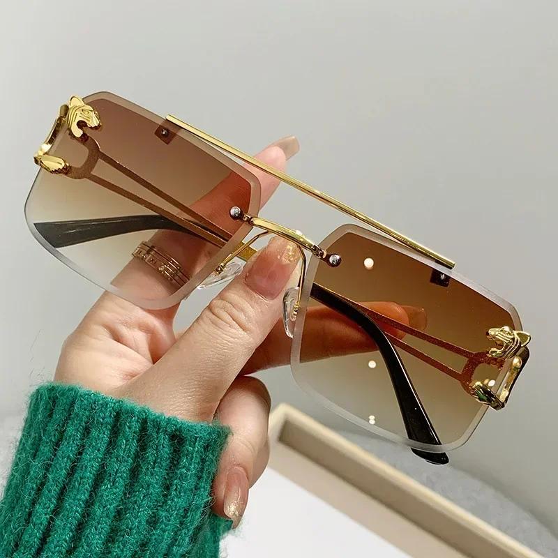 Luxury Square Sunglasses Men Women Brand Designer Vintage Rimless Sun Glasses Male Fashion Metal Gradient Mirror