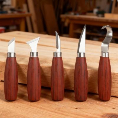 New 5Pcs Wood Carving Knife Set With Ergonomic Red Wood Handle Stainless Steel Blades For Whittling And DIY Crafts