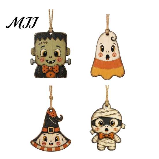 Themed Props for Shop Windows Halloween Wooden Hanging Decor, Vintage Ghost Pumpkin Pendant Decorations, Cartoon Durable Indoor Accessories Style Wall