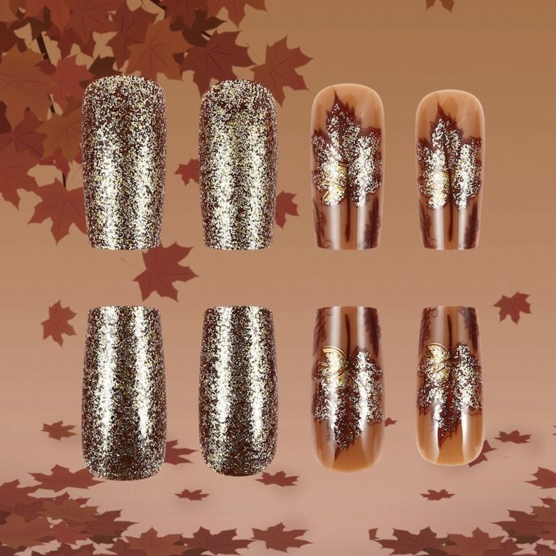 24pcs Medium Square Artificial Nail Press on Nail with Gold Glittering Leaves Stick on Nail For Fall And Winter Styles
