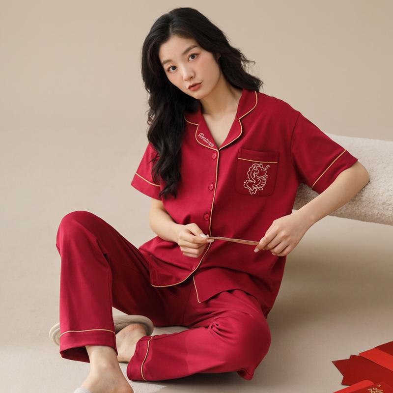 1011 Summer New Couple Pajamas Pure Cotton Red Natal Year Short-sleeved Trousers Set Wedding Men's and Women's Loungewear