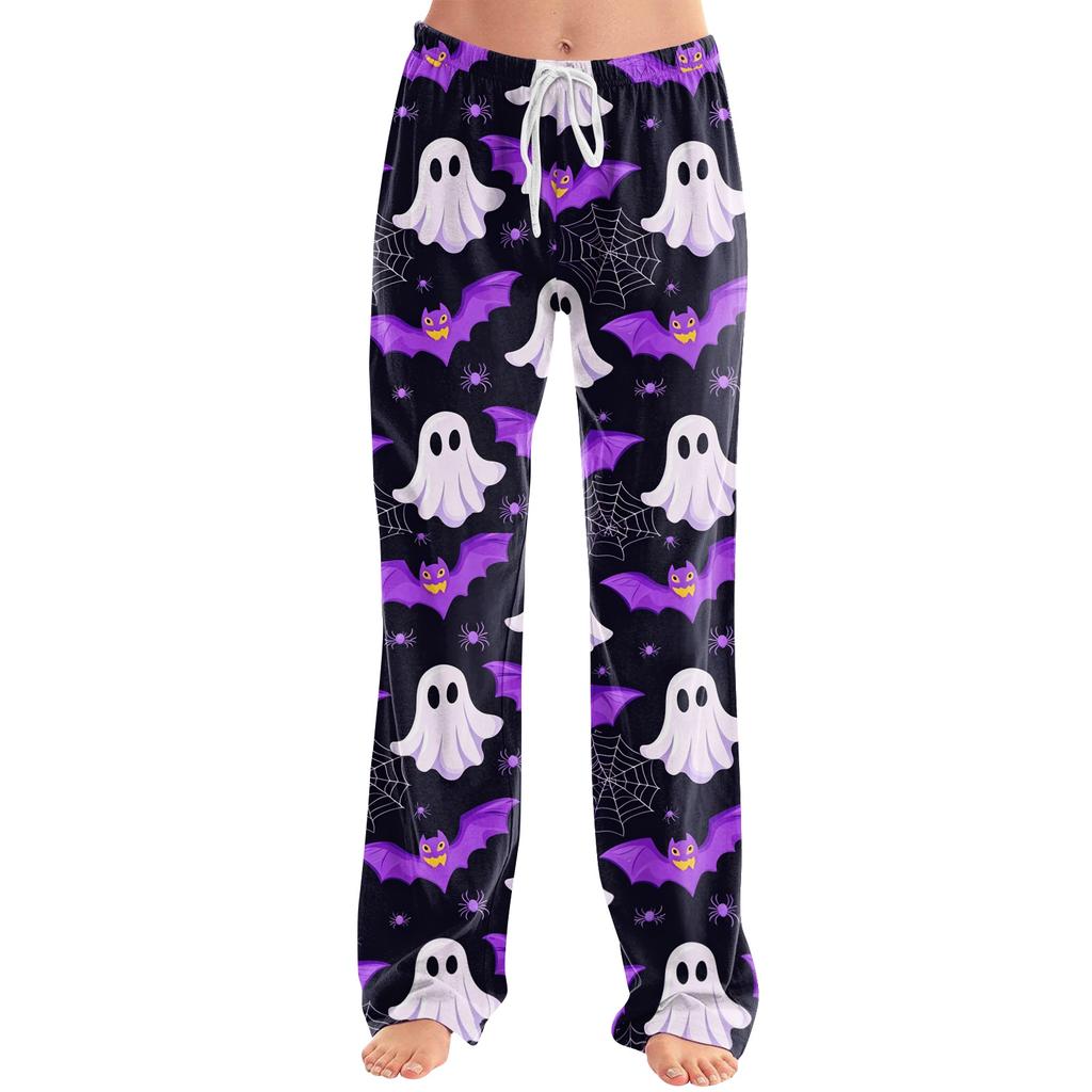 Women's Drawstring Waist Halloween Printed Long Pants Relaxed Fit Casual Trousers with Festive Pumpkin Bat Pattern