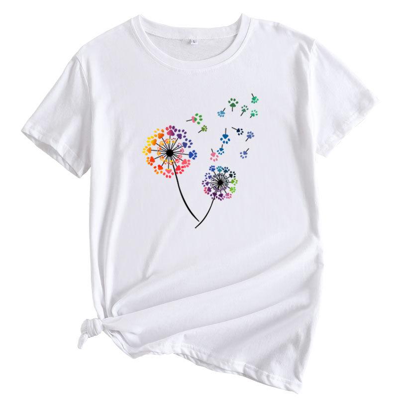 Summer Round Neck Colorful Dandelion Pattern Printed Top Fashionable Casual Short Sleeved Women's Pure Cotton T-shirts