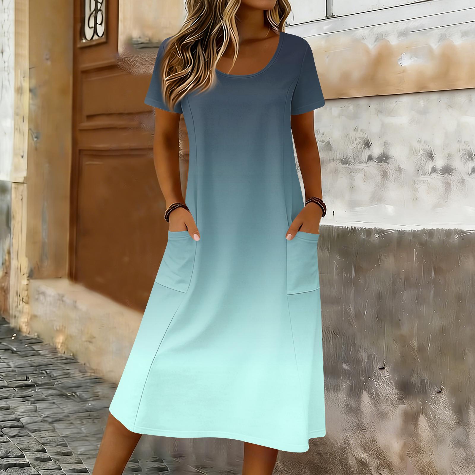 

Women s Casual Loose Round-neck Short-sleeved Pocketed Mid-length Dress S