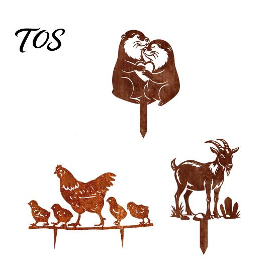 Decorative Flower Bed Inserts Rusty Animal Garden Stakes, Metal Hen/Chicken/Goat/Deer Yard Art Silhouette Decor for Hollow Carved Figures Lawn