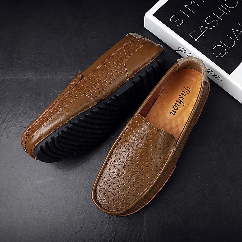 Pánské letní prodyšné kožené nazouvací mokasíny - Vykrajované, Všestranné, Nadměrné velikosti, Měkká podrážka