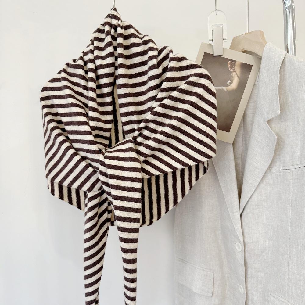 Cross-Border Wool Striped Shawl Enlarged Autumn And Winter Warm Triangle Scarf Knitted Women'S Knotted Shoulder Scarf
