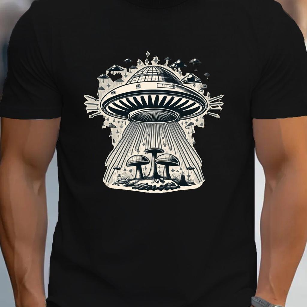 UFO Mushroom Graphic Tee Mens Casual Cotton TShirt Short Sleeve Round Neck Print Tee