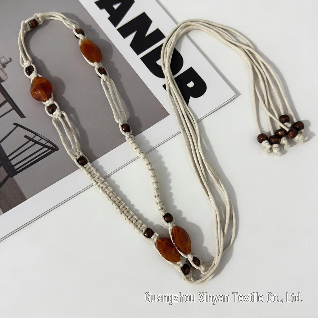 Bohemian Ethnic Handmade Woven Wax Cord Belt for Women: Decorative Waist Accessory for Dresses and Vacation Style.