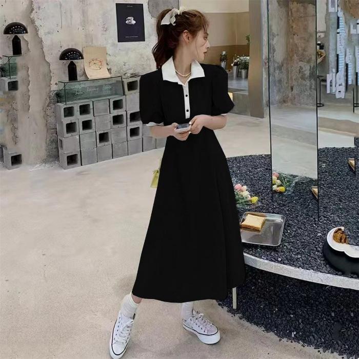 

College style polo collar short-sleeved dress women s summer medium and long waist and thin casual a-shaped skirt niche design 2XL чорний