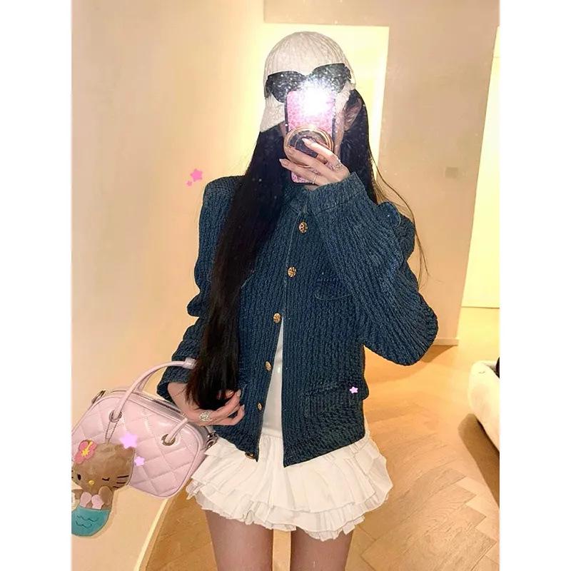 Women's French Chic Blue Denim Jacket - Old Money Style, Petite Short Top, Fall 2025