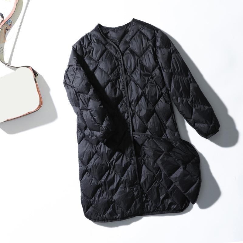 Women White Down Long Jacket V Neck Collar Casual Autumn Winter Outwear Coat Fashion