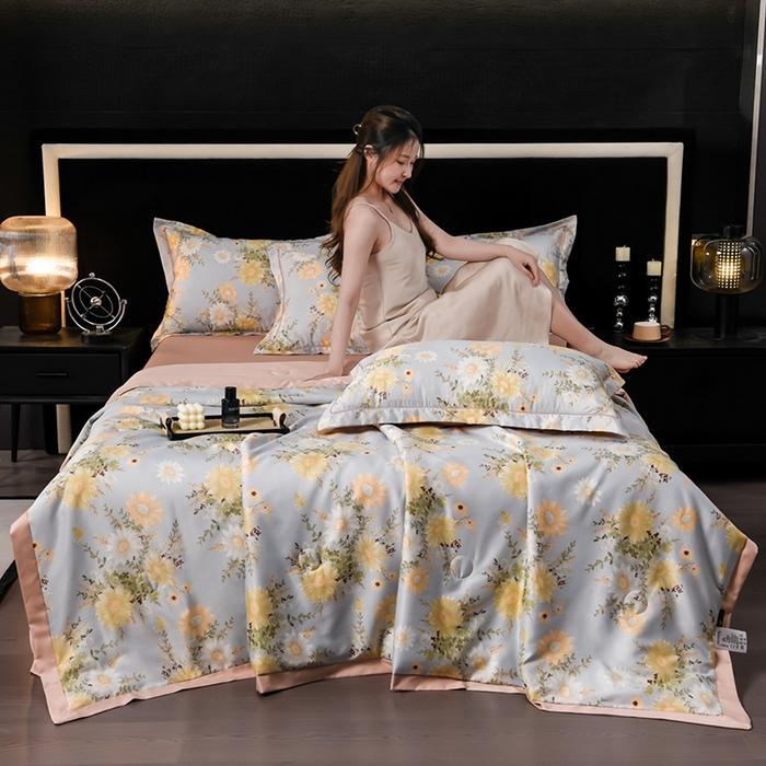 Washed tencel printed summer quilt four-piece cool silk single-piece summer cool quilt air conditioner for summer use