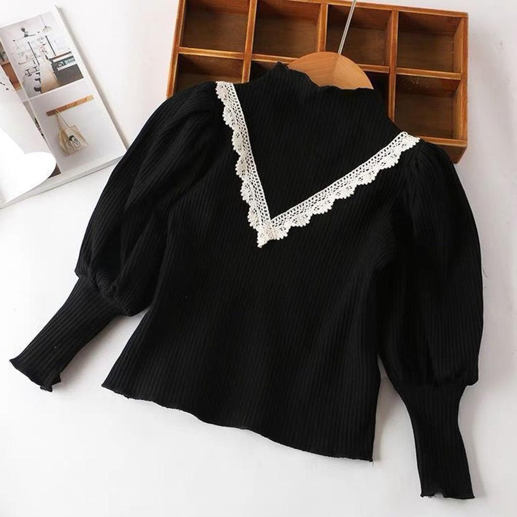 Girls Lace Trim Puff Sleeve Top Casual Blouse for Everyday Wear