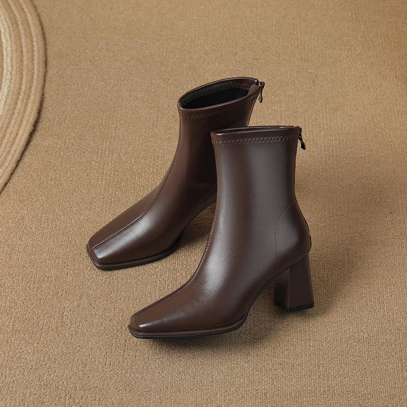 thick heel square head thin boots women's medium tube fashion simple temperament rear zipper autumn and winter new French soft leather Martin boots