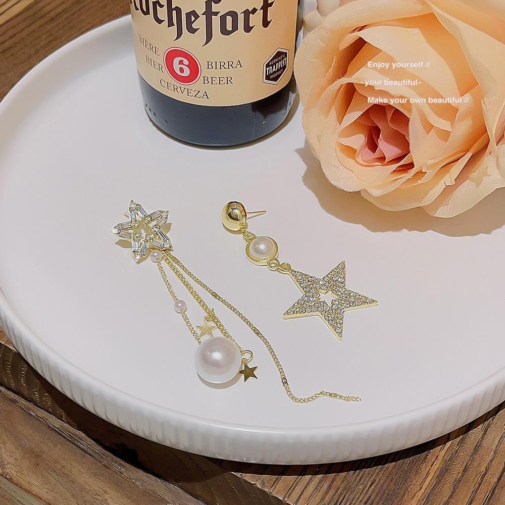 Five-pointed Star AB Asymmetric Super Flash Star Earrings Silver Needle Long Tassel Temperament Earrings Pearl Earrings