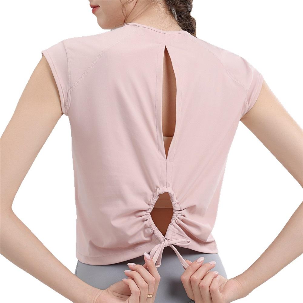 New Yoga Short Sleeved Women's Hollow Back Sports T-shirt With Drawstring, Wrinkle, Breathable Outdoor Sports Running And Fitness Clothing